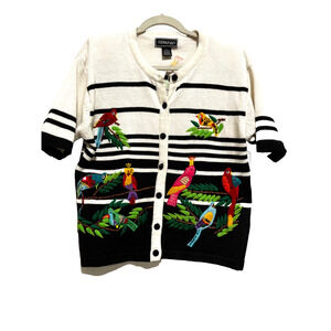Terrazzo beaded embroidery parrot Bird Short Sleeve Button Sweater top Womens XL